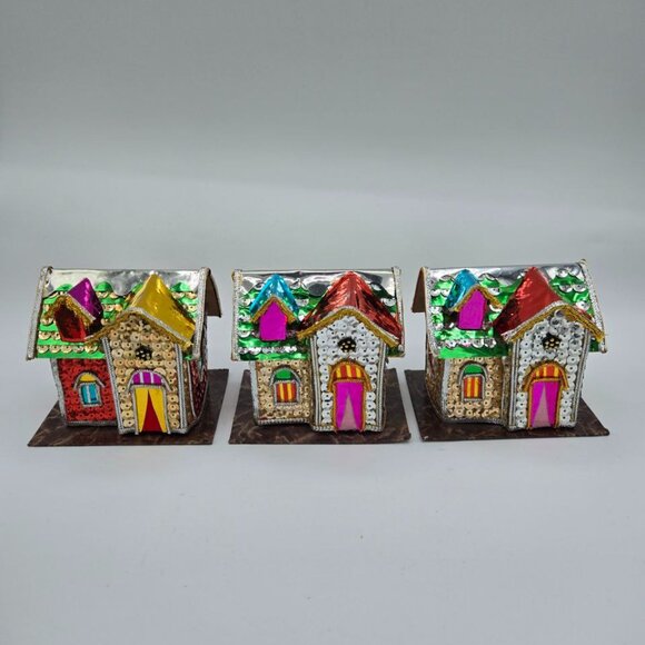 Lot of 5 Vintage The Bombay Company Christmas Putz Sequin Trinket Box Houses - Picture 10 of 16